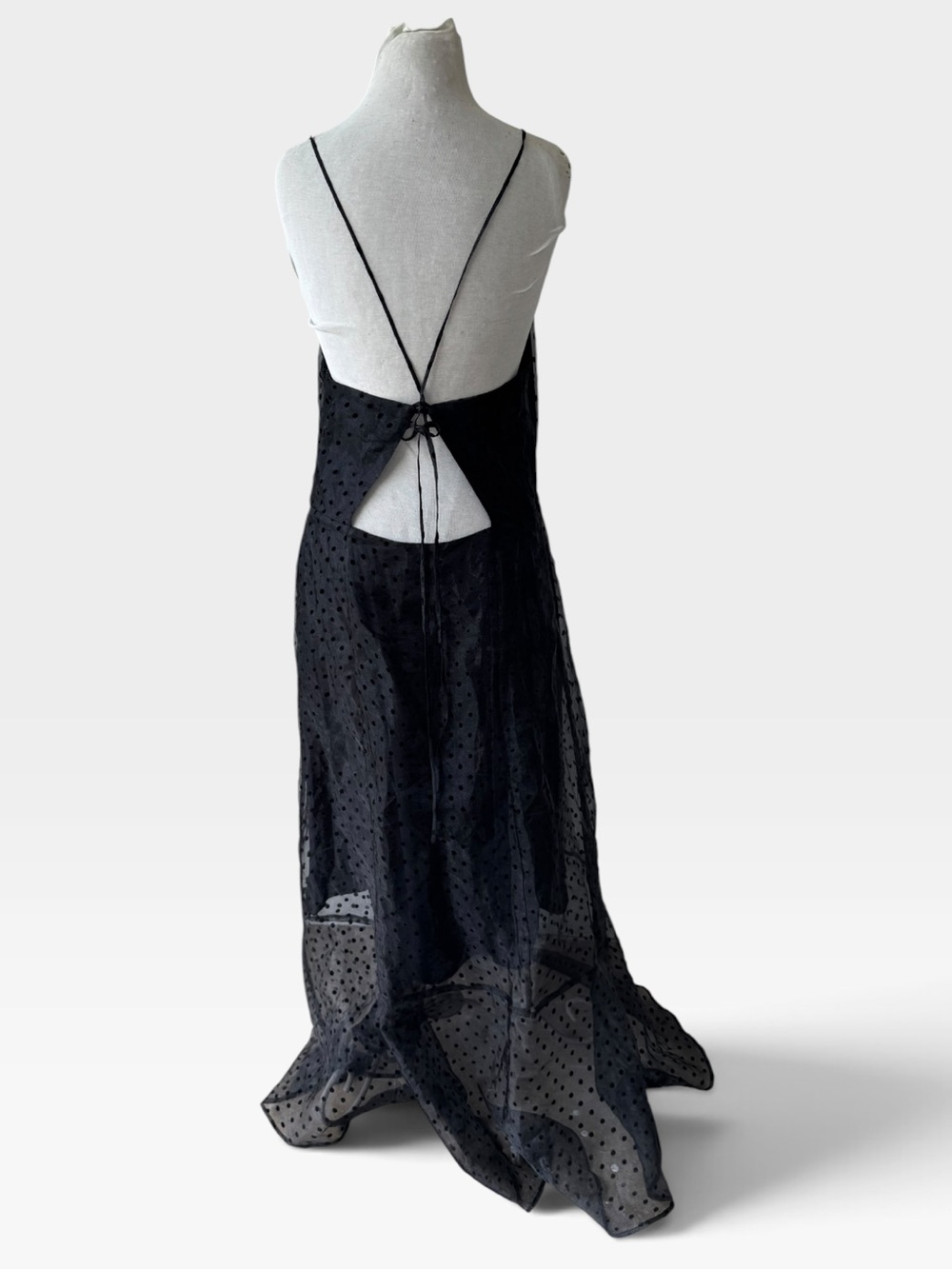 ModCloth Black Sheer Swiss Dot Witchy Maxi Black Dress XL Goth Criss Cross Back - Picture 7 of 9